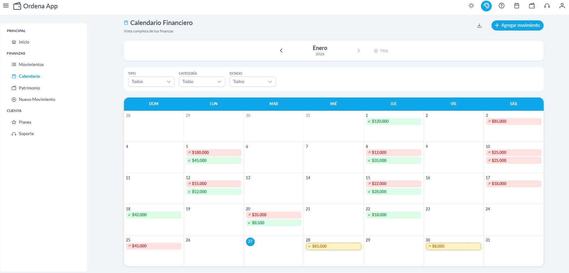 Vista de balance mensual y estadísticas financieras